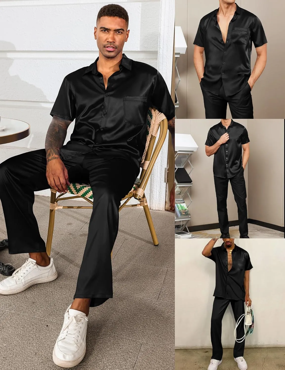 LecGee Men's Satin 2 Piece Outfits Lapel Short Sleeve Tracksuit Button Tops Jogger Pants Set With Pocket Prom Club Party