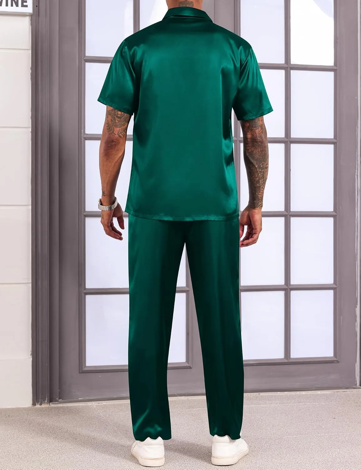LecGee Men's Satin 2 Piece Outfits Lapel Short Sleeve Tracksuit Button Tops Jogger Pants Set With Pocket Prom Club Party