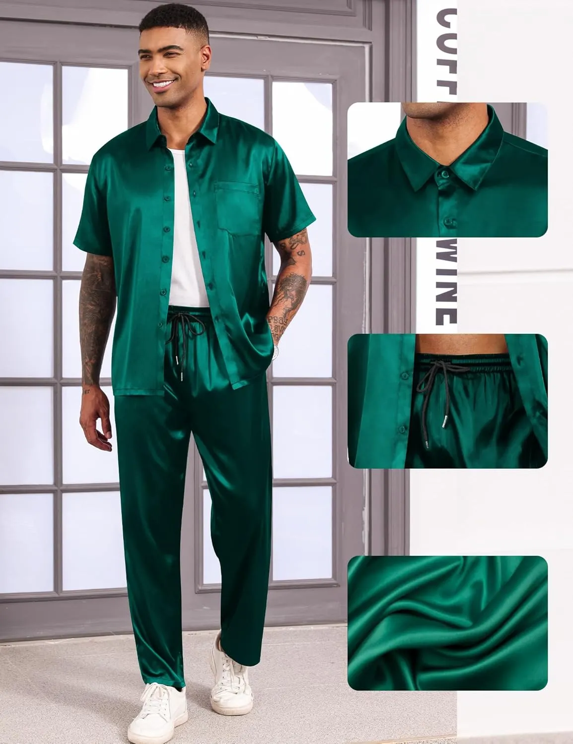 LecGee Men's Satin 2 Piece Outfits Lapel Short Sleeve Tracksuit Button Tops Jogger Pants Set With Pocket Prom Club Party