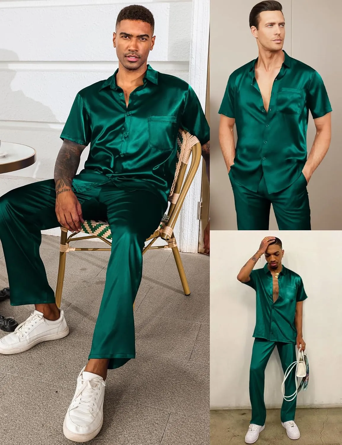 LecGee Men's Satin 2 Piece Outfits Lapel Short Sleeve Tracksuit Button Tops Jogger Pants Set With Pocket Prom Club Party