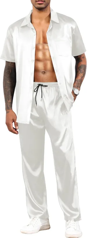 LecGee Men's Satin 2 Piece Outfits Lapel Short Sleeve Tracksuit Button Tops Jogger Pants Set With Pocket Prom Club Party