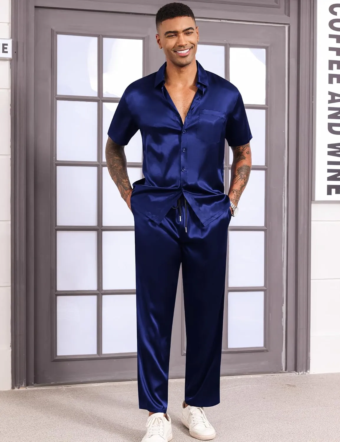LecGee Men's Satin 2 Piece Outfits Lapel Short Sleeve Tracksuit Button Tops Jogger Pants Set With Pocket Prom Club Party