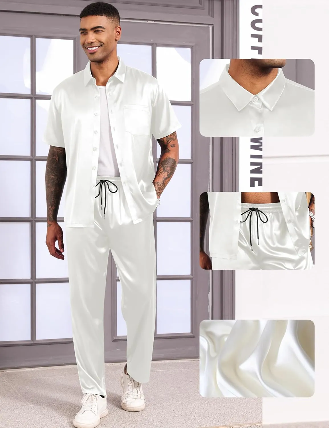 LecGee Men's Satin 2 Piece Outfits Lapel Short Sleeve Tracksuit Button Tops Jogger Pants Set With Pocket Prom Club Party
