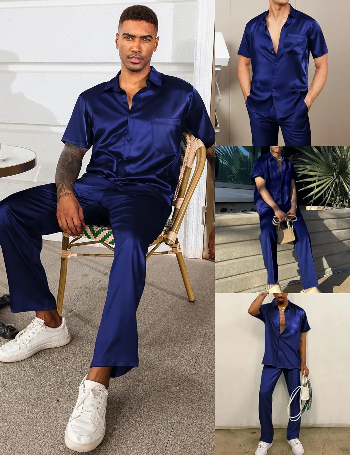 LecGee Men's Satin 2 Piece Outfits Lapel Short Sleeve Tracksuit Button Tops Jogger Pants Set With Pocket Prom Club Party