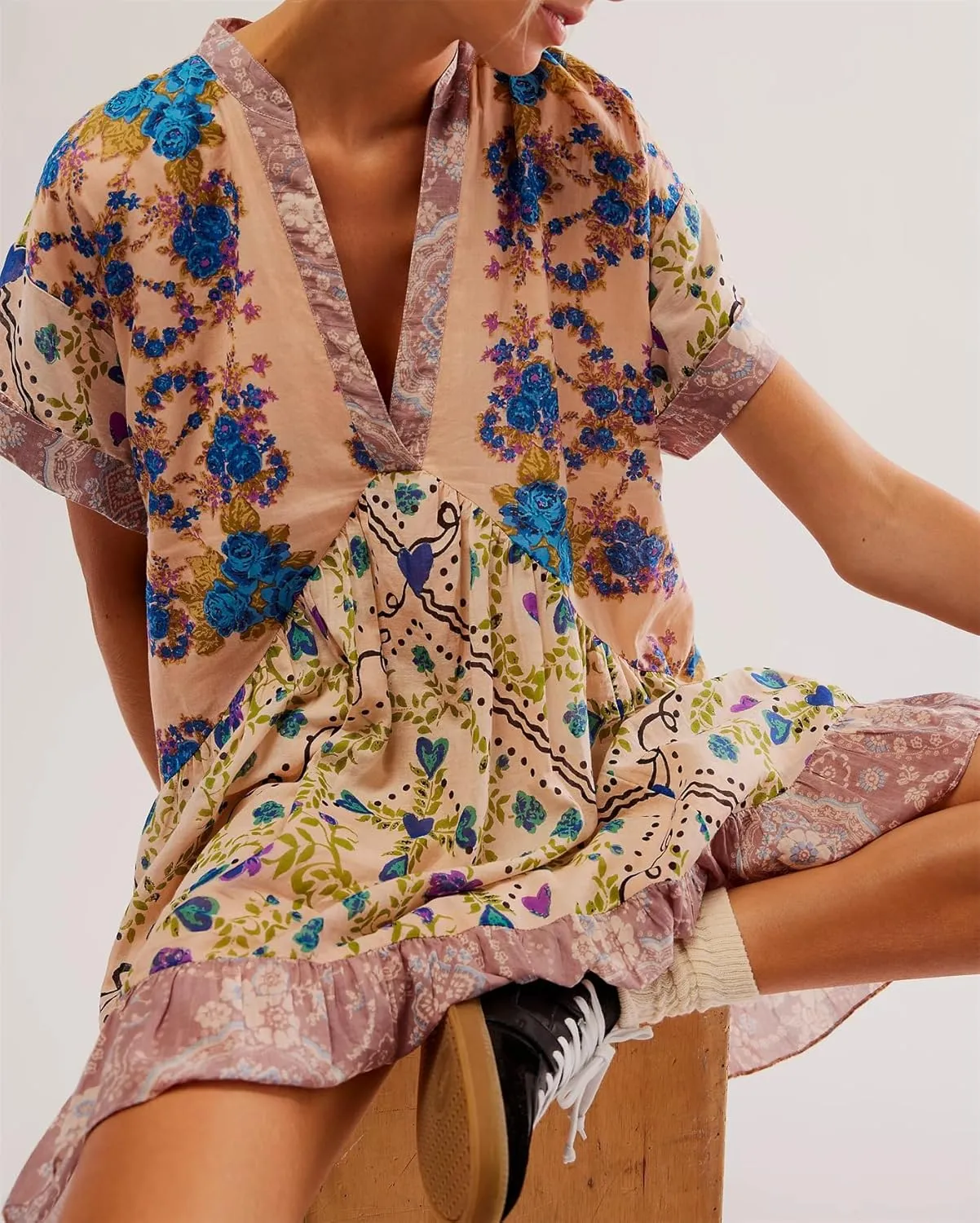 LifeShe Floral Boho Dresses for Women Short Sleeves Babydoll Dress Ruffle Mini Summer Swing Dress