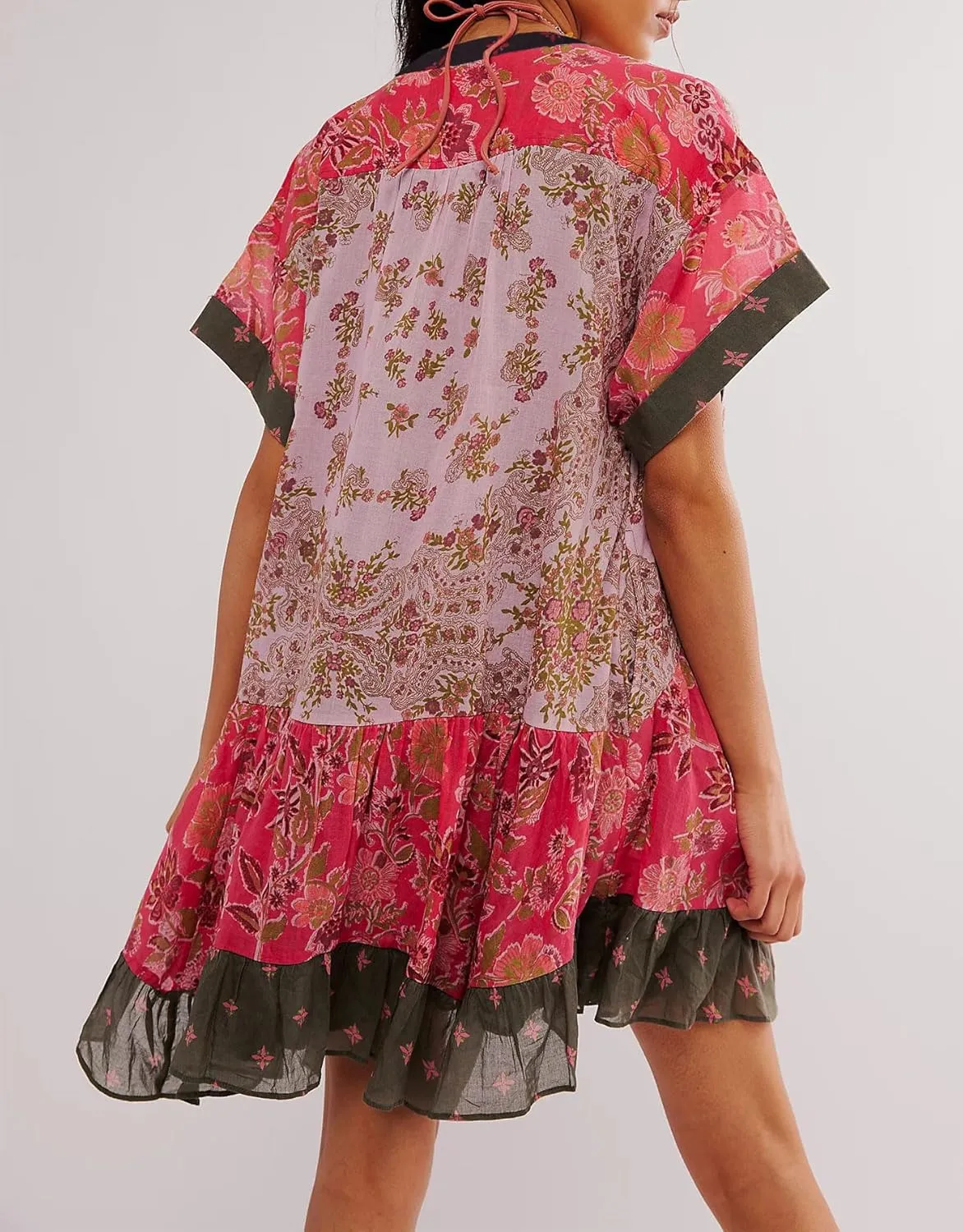 LifeShe Floral Boho Dresses for Women Short Sleeves Babydoll Dress Ruffle Mini Summer Swing Dress