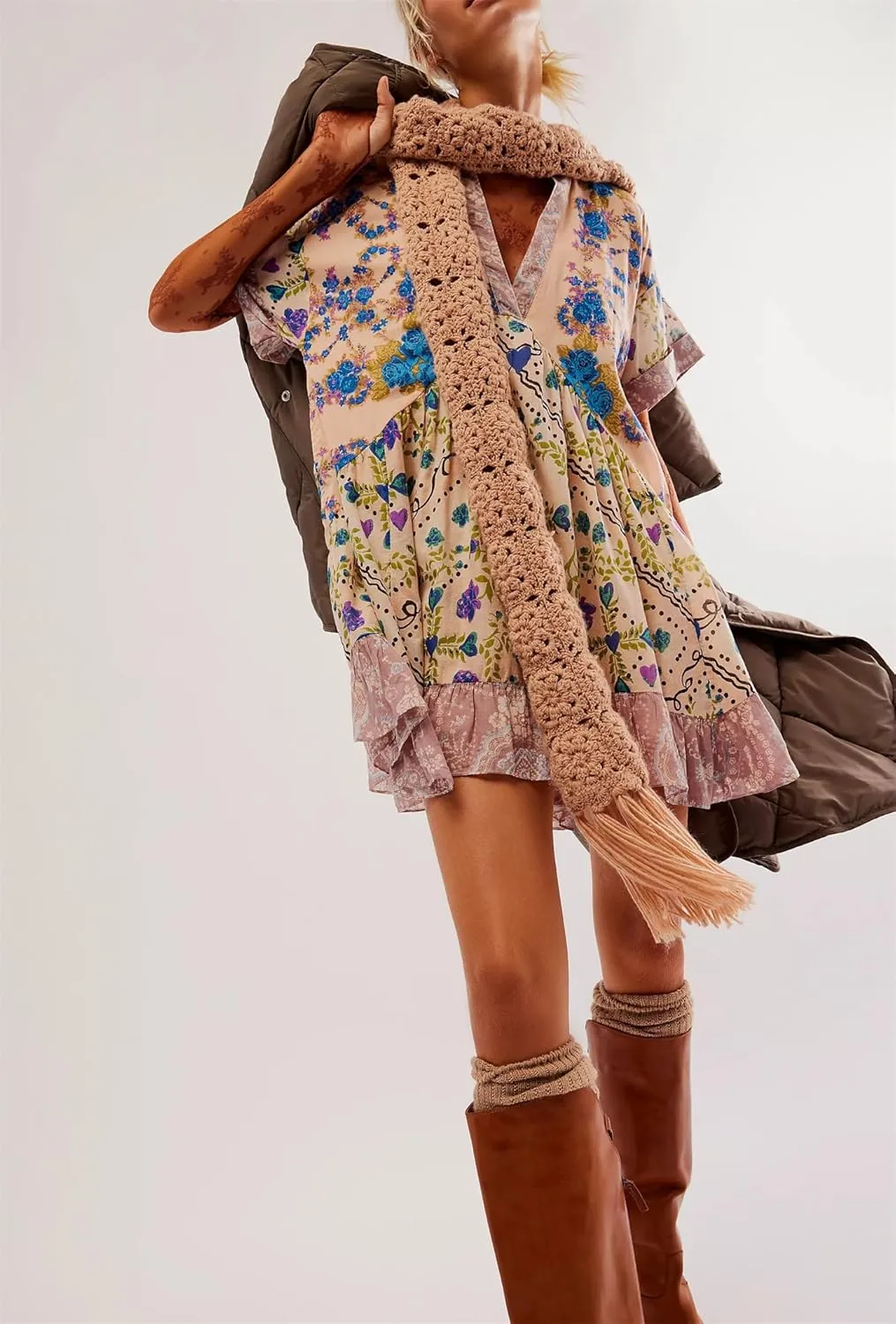 LifeShe Floral Boho Dresses for Women Short Sleeves Babydoll Dress Ruffle Mini Summer Swing Dress