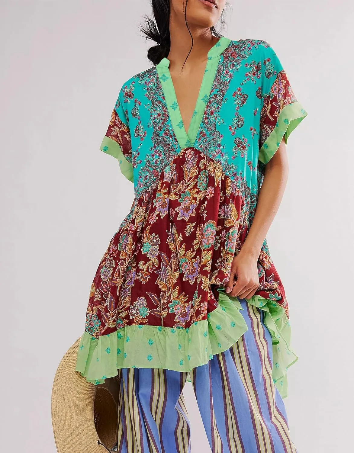 LifeShe Floral Boho Dresses for Women Short Sleeves Babydoll Dress Ruffle Mini Summer Swing Dress