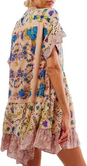 LifeShe Floral Boho Dresses for Women Short Sleeves Babydoll Dress Ruffle Mini Summer Swing Dress
