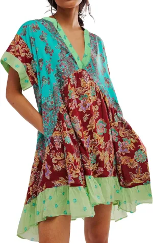 LifeShe Floral Boho Dresses for Women Short Sleeves Babydoll Dress Ruffle Mini Summer Swing Dress