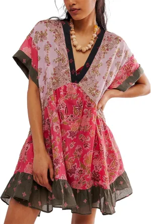 LifeShe Floral Boho Dresses for Women Short Sleeves Babydoll Dress Ruffle Mini Summer Swing Dress