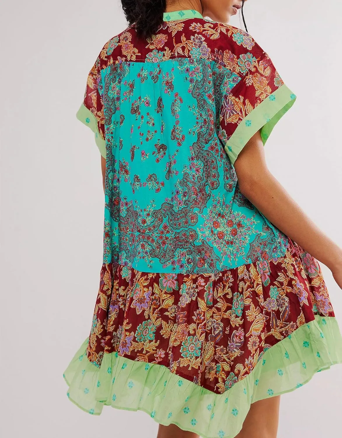 LifeShe Floral Boho Dresses for Women Short Sleeves Babydoll Dress Ruffle Mini Summer Swing Dress
