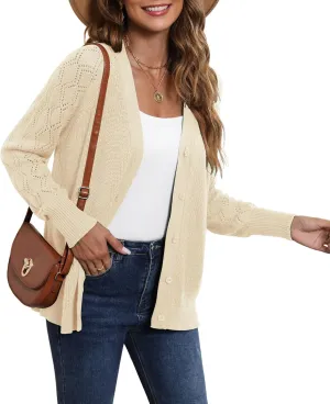 LILBETTER Women's Long Sleeve Button Down V Neck Classic Sweater Knit Cardigan