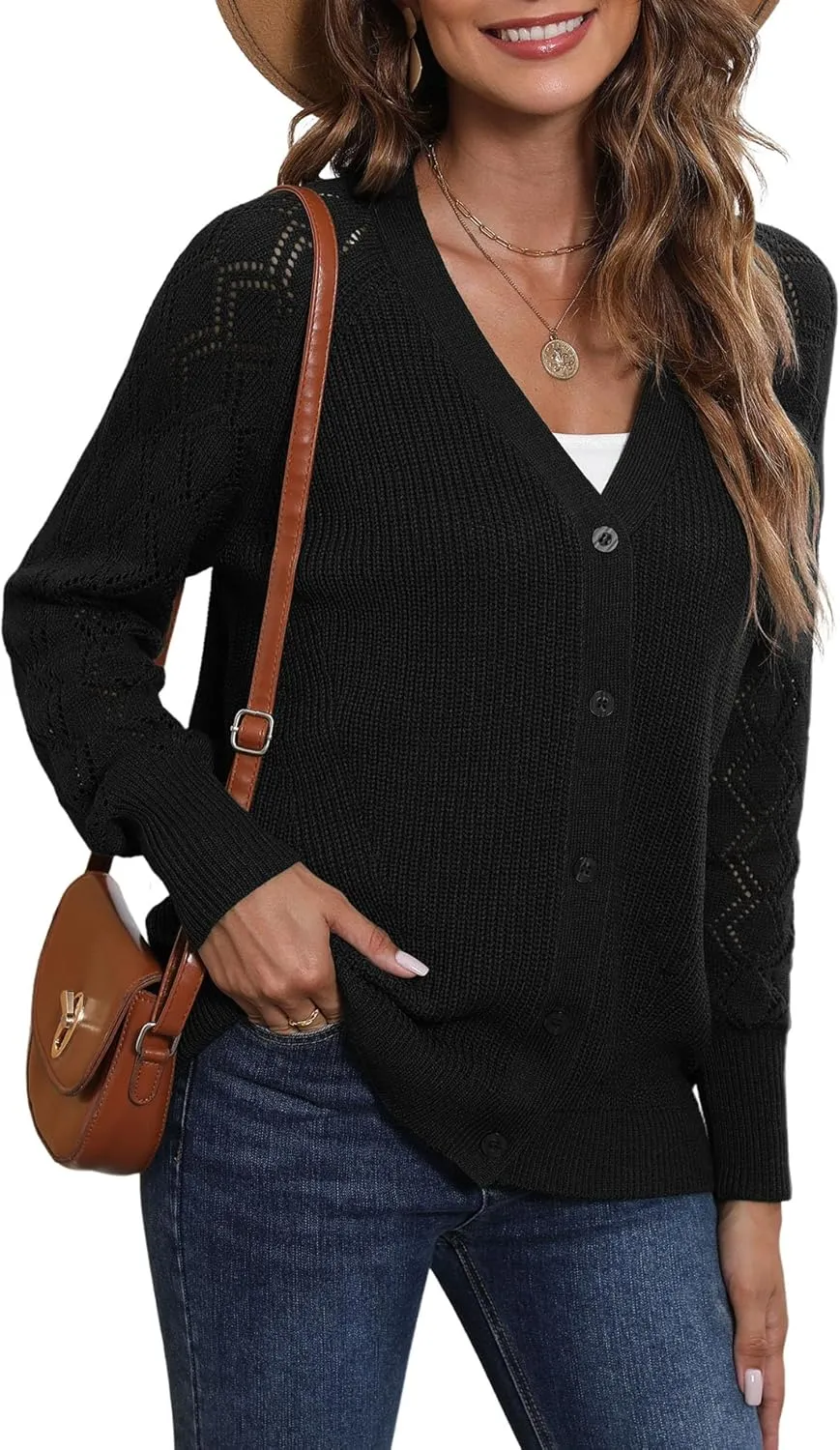 LILBETTER Women's Long Sleeve Button Down V Neck Classic Sweater Knit Cardigan