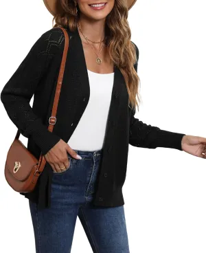 LILBETTER Women's Long Sleeve Button Down V Neck Classic Sweater Knit Cardigan