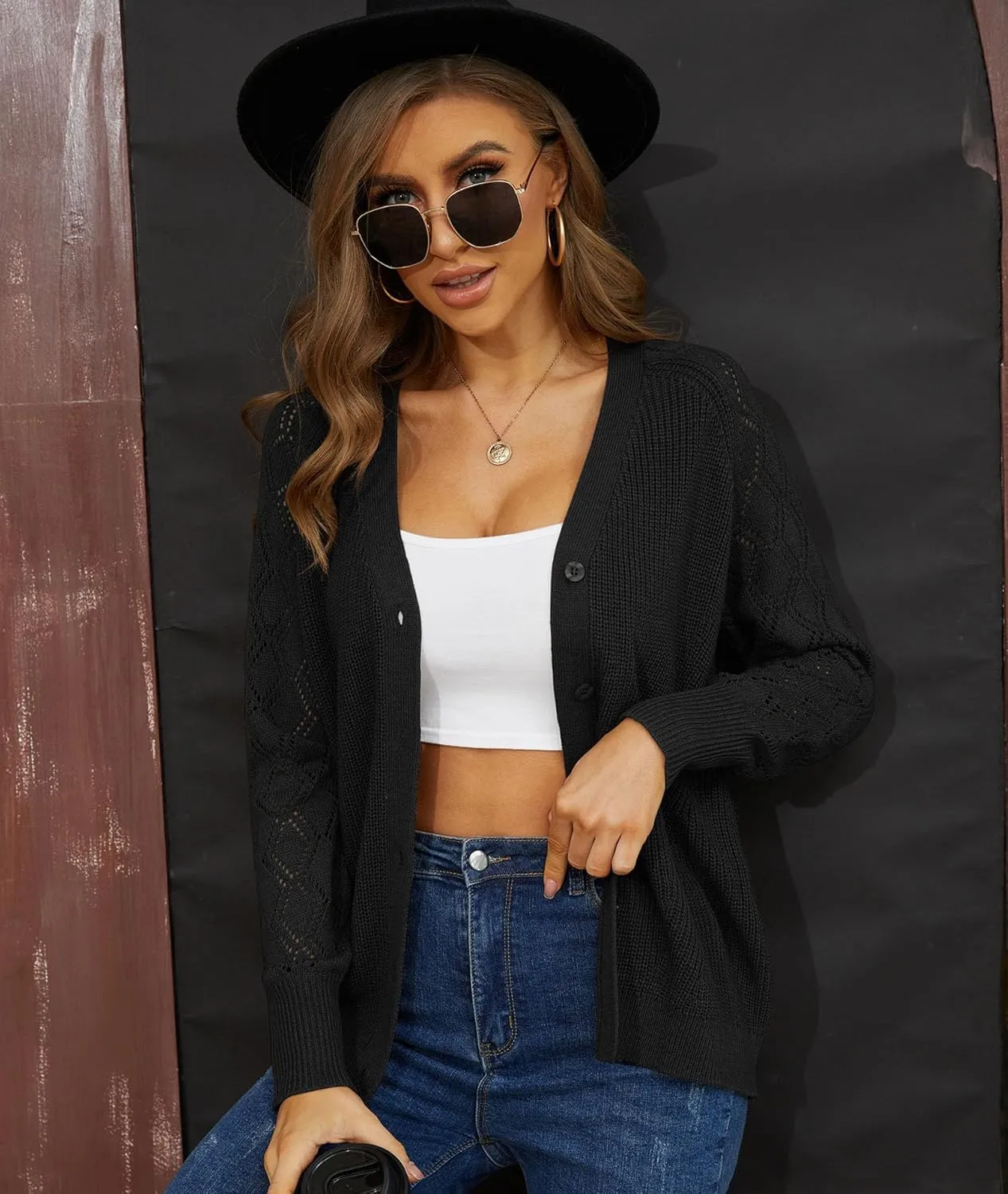LILBETTER Women's Long Sleeve Button Down V Neck Classic Sweater Knit Cardigan