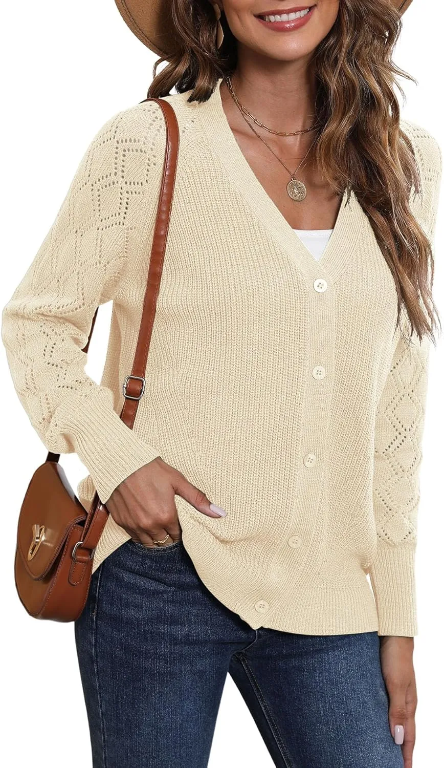 LILBETTER Women's Long Sleeve Button Down V Neck Classic Sweater Knit Cardigan