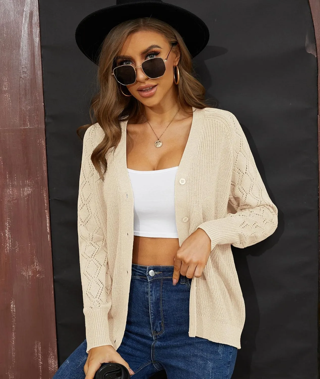 LILBETTER Women's Long Sleeve Button Down V Neck Classic Sweater Knit Cardigan