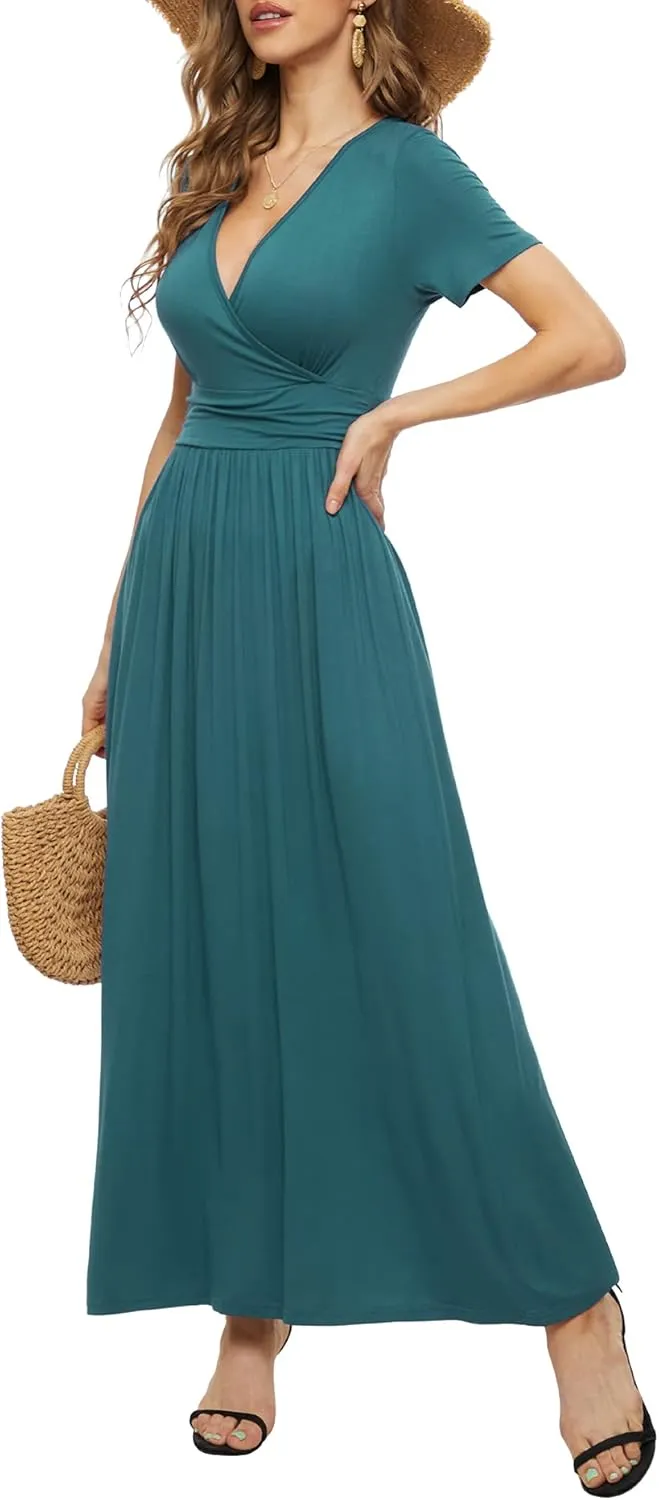 LILBETTER Women's Summer Short Sleeves Dress Wrap Waist Maxi Dresses with Pockets