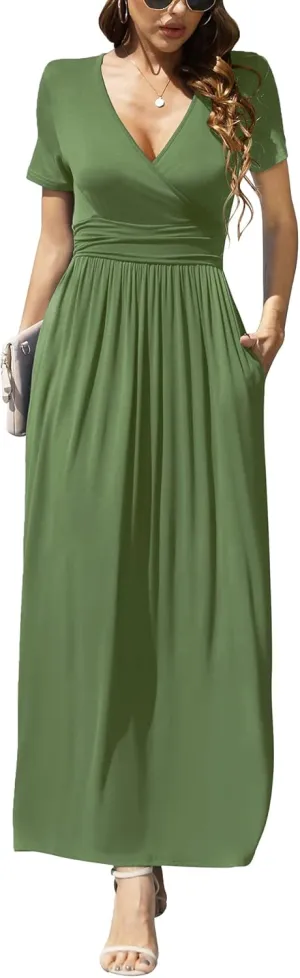 LILBETTER Women's Summer Short Sleeves Dress Wrap Waist Maxi Dresses with Pockets