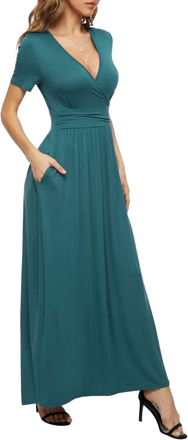 LILBETTER Women's Summer Short Sleeves Dress Wrap Waist Maxi Dresses with Pockets