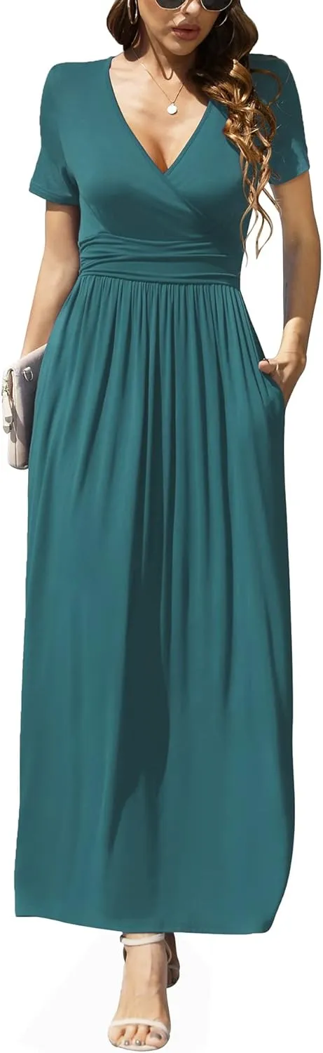 LILBETTER Women's Summer Short Sleeves Dress Wrap Waist Maxi Dresses with Pockets