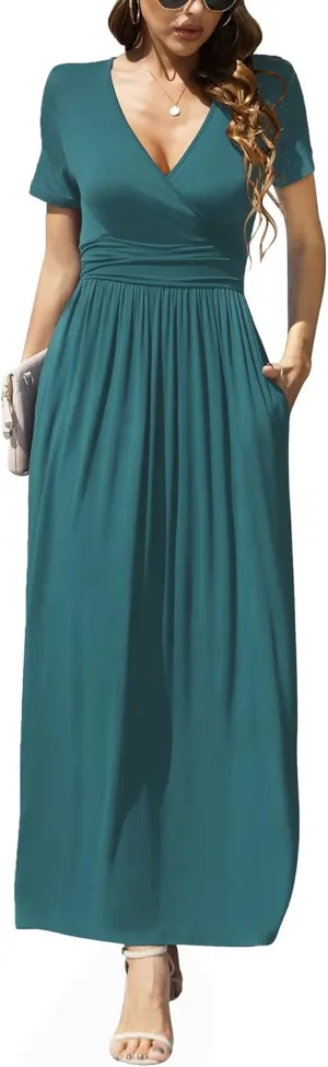 LILBETTER Women's Summer Short Sleeves Dress Wrap Waist Maxi Dresses with Pockets
