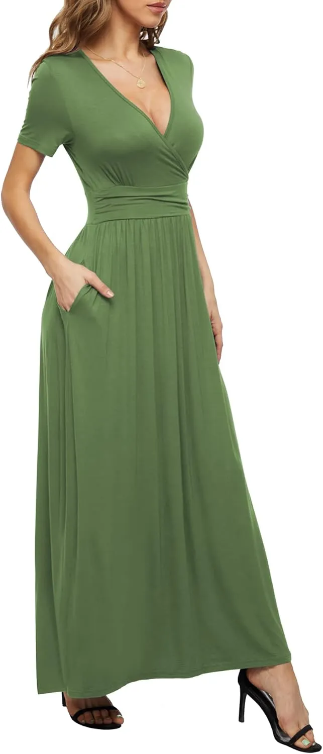 LILBETTER Women's Summer Short Sleeves Dress Wrap Waist Maxi Dresses with Pockets