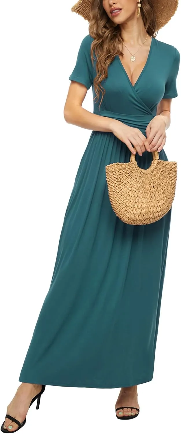 LILBETTER Women's Summer Short Sleeves Dress Wrap Waist Maxi Dresses with Pockets