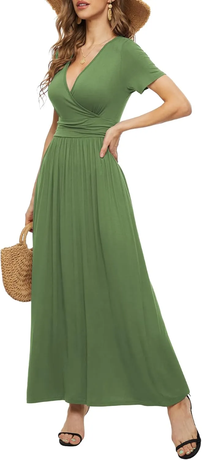 LILBETTER Women's Summer Short Sleeves Dress Wrap Waist Maxi Dresses with Pockets