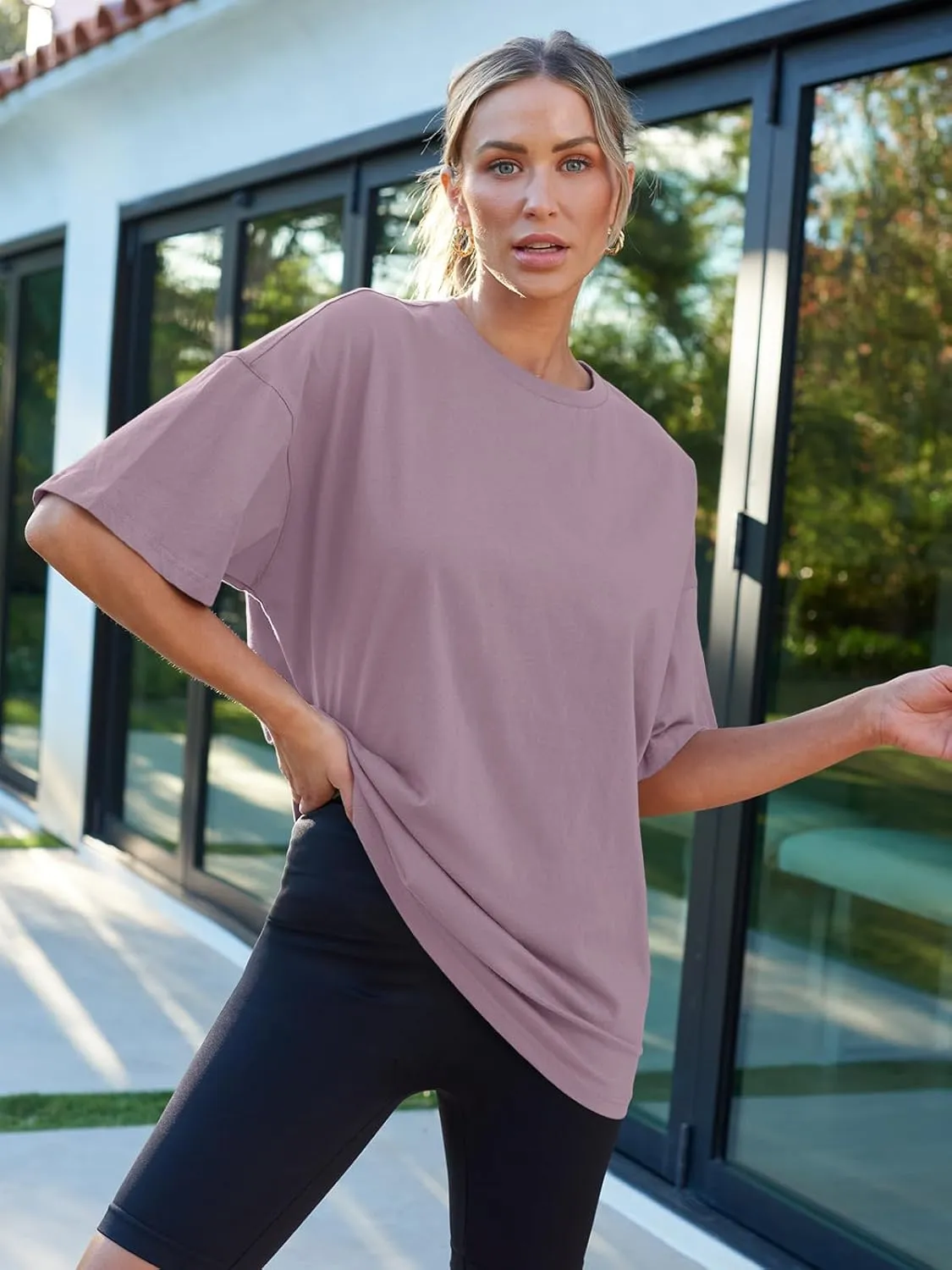 LILLUSORY Womens Oversized T Shirts Workout Plus Size Short Sleeves Tops Casual Loose Basic Tees Summer Outfits 2025