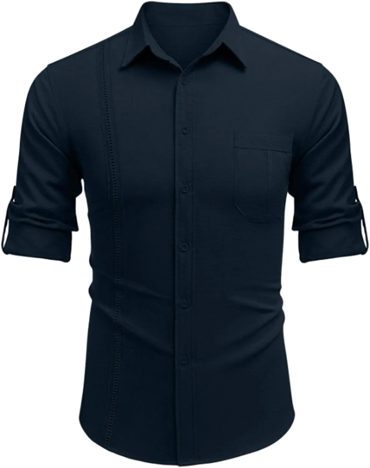 Linen Button Down Shirt Men Long Sleeve Solid Cotton Beach Tees with Pocket Loose Comfy Basic Summer Dress Shirts