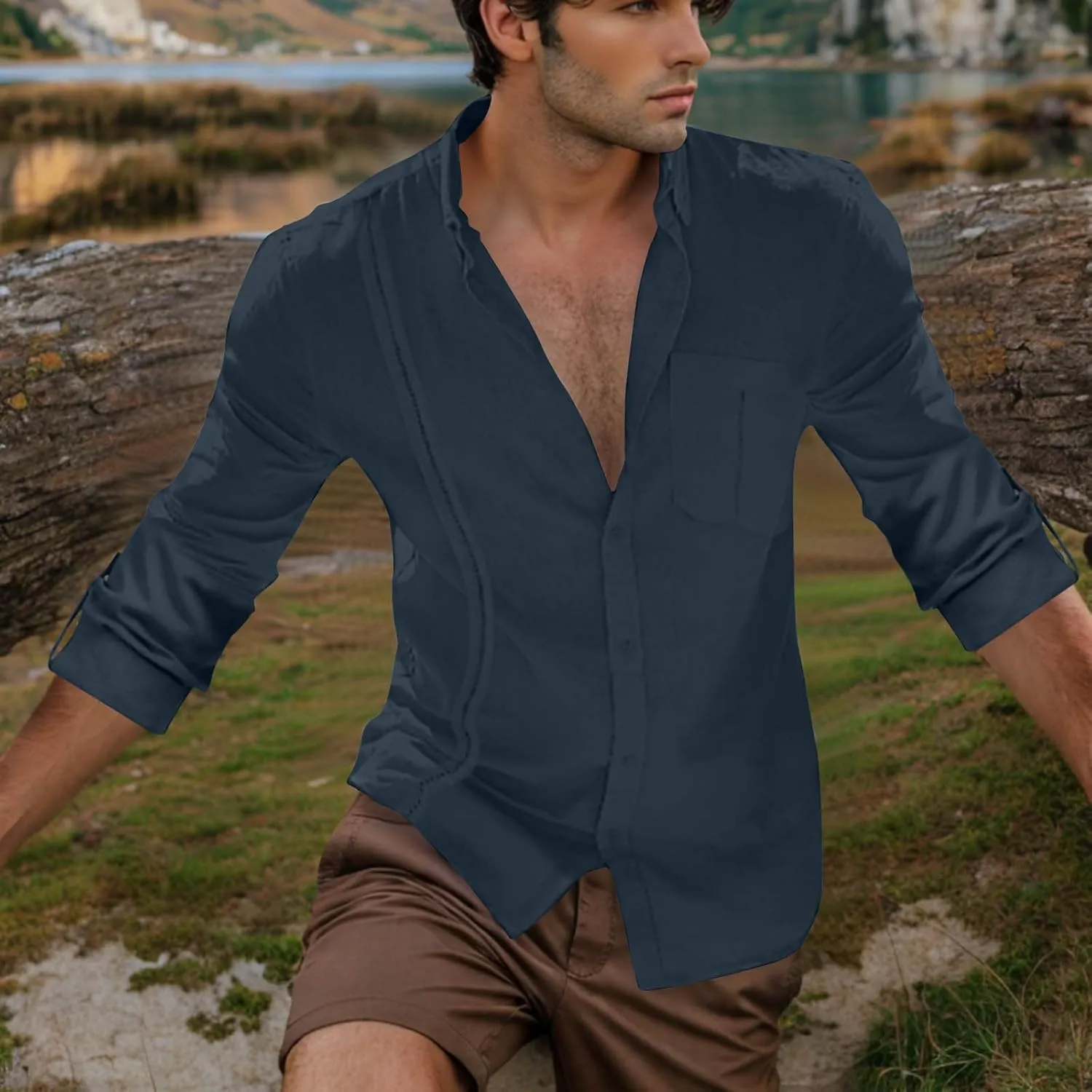 Linen Button Down Shirt Men Long Sleeve Solid Cotton Beach Tees with Pocket Loose Comfy Basic Summer Dress Shirts