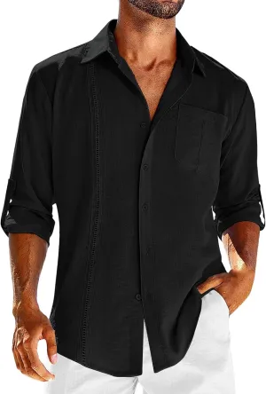 Linen Button Down Shirt Men Long Sleeve Solid Cotton Beach Tees with Pocket Loose Comfy Basic Summer Dress Shirts
