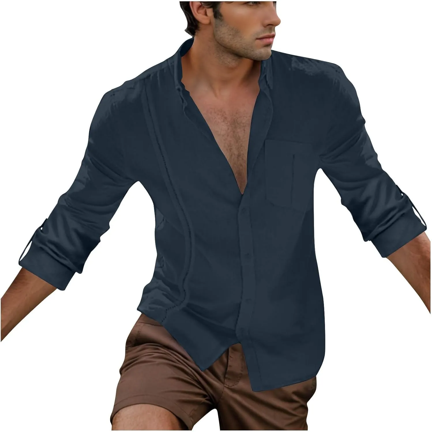 Linen Button Down Shirt Men Long Sleeve Solid Cotton Beach Tees with Pocket Loose Comfy Basic Summer Dress Shirts