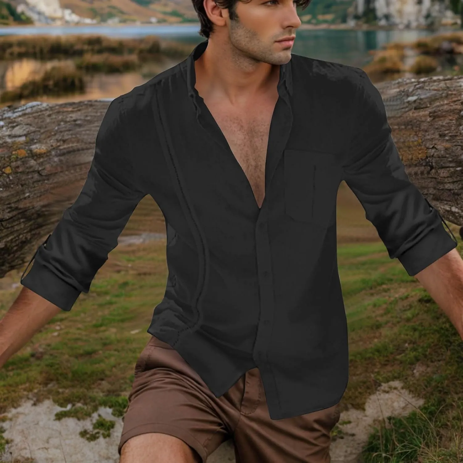 Linen Button Down Shirt Men Long Sleeve Solid Cotton Beach Tees with Pocket Loose Comfy Basic Summer Dress Shirts