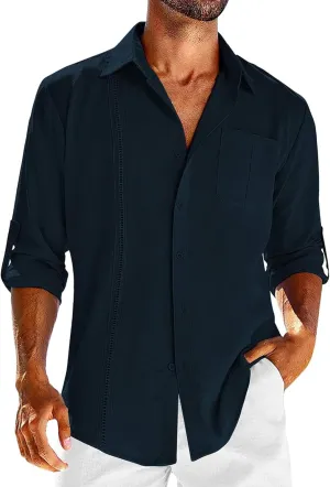 Linen Button Down Shirt Men Long Sleeve Solid Cotton Beach Tees with Pocket Loose Comfy Basic Summer Dress Shirts