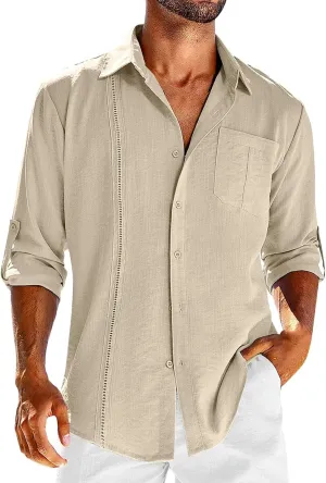 Linen Button Down Shirt Men Long Sleeve Solid Cotton Beach Tees with Pocket Loose Comfy Basic Summer Dress Shirts