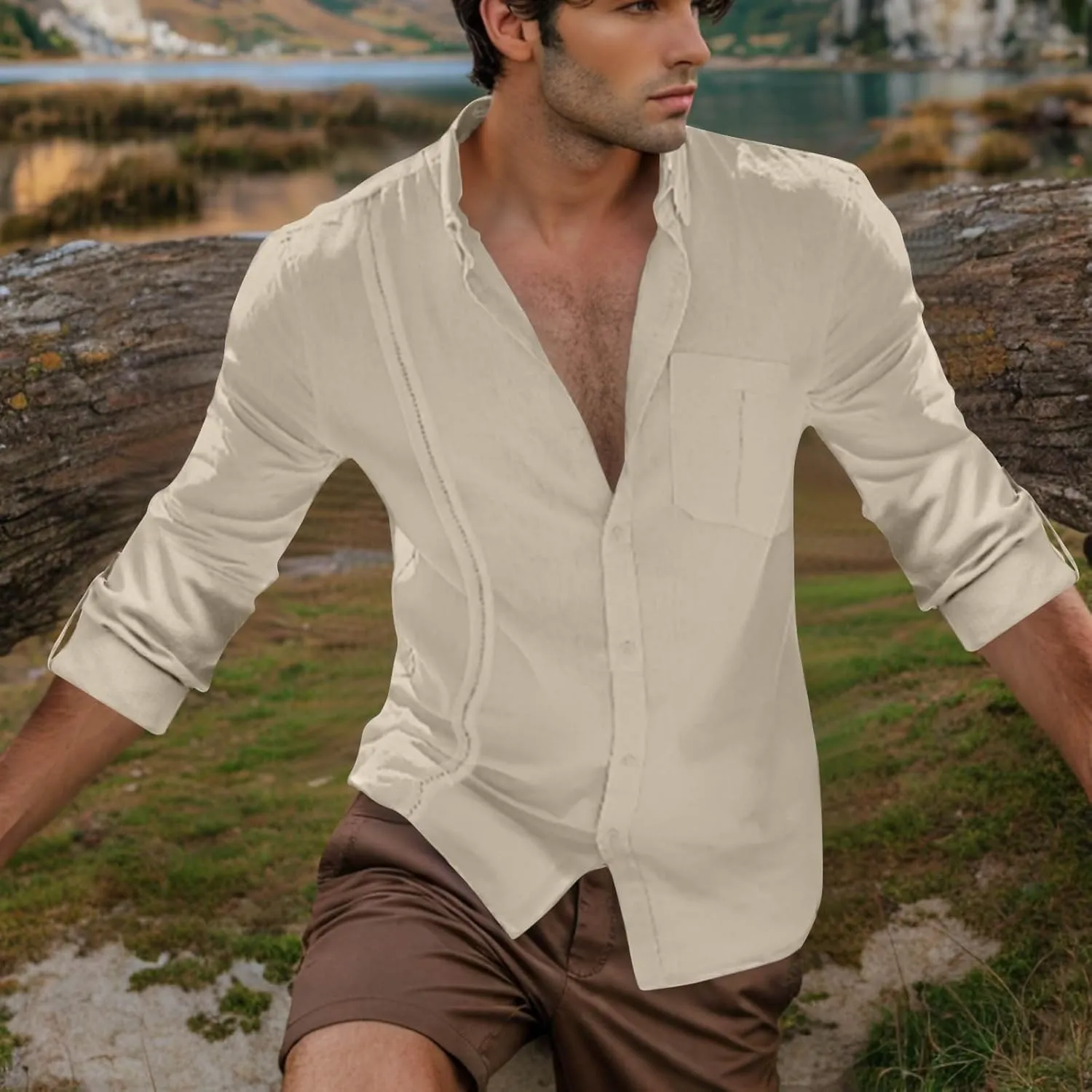 Linen Button Down Shirt Men Long Sleeve Solid Cotton Beach Tees with Pocket Loose Comfy Basic Summer Dress Shirts