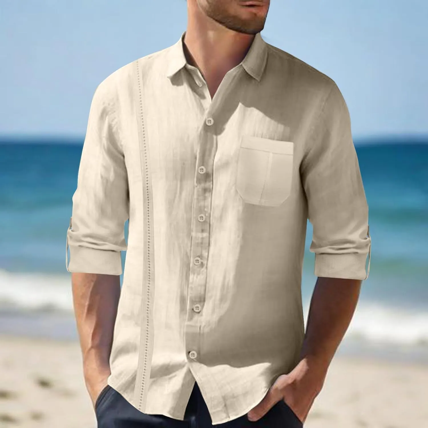Linen Button Down Shirt Men Long Sleeve Solid Cotton Beach Tees with Pocket Loose Comfy Basic Summer Dress Shirts