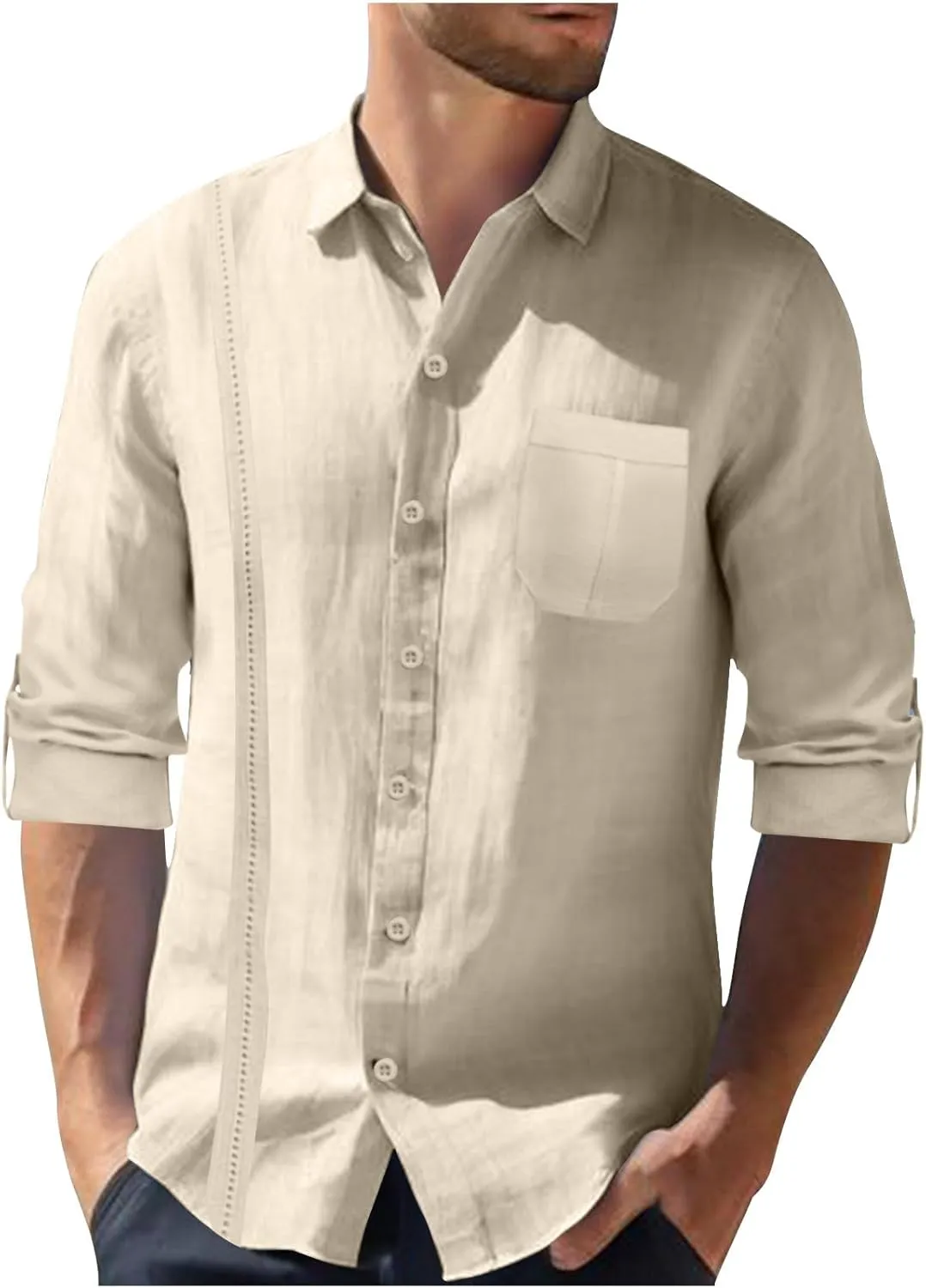 Linen Button Down Shirt Men Long Sleeve Solid Cotton Beach Tees with Pocket Loose Comfy Basic Summer Dress Shirts
