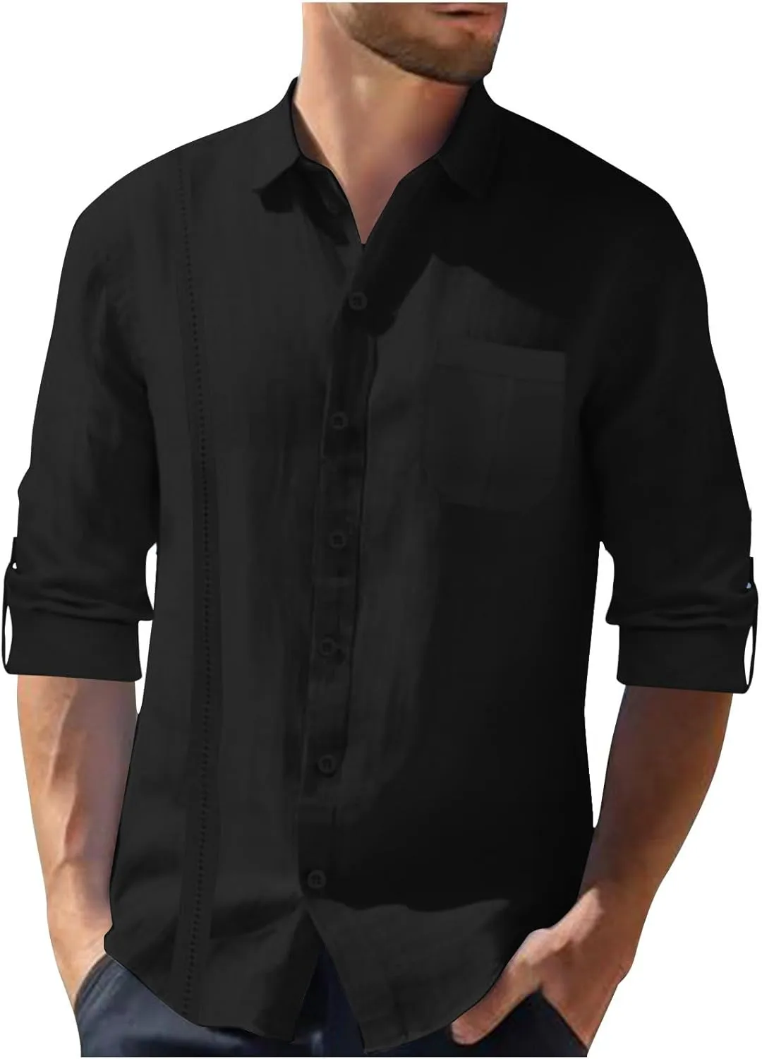 Linen Button Down Shirt Men Long Sleeve Solid Cotton Beach Tees with Pocket Loose Comfy Basic Summer Dress Shirts