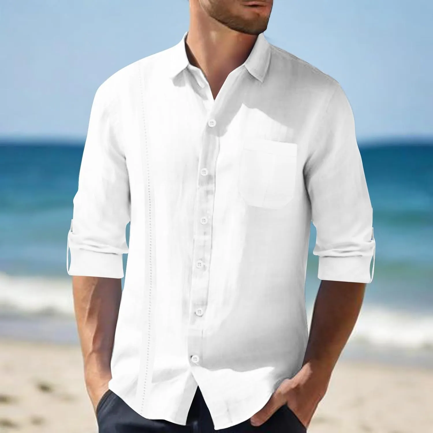 Linen Button Down Shirt Men Long Sleeve Solid Cotton Beach Tees with Pocket Loose Comfy Basic Summer Dress Shirts