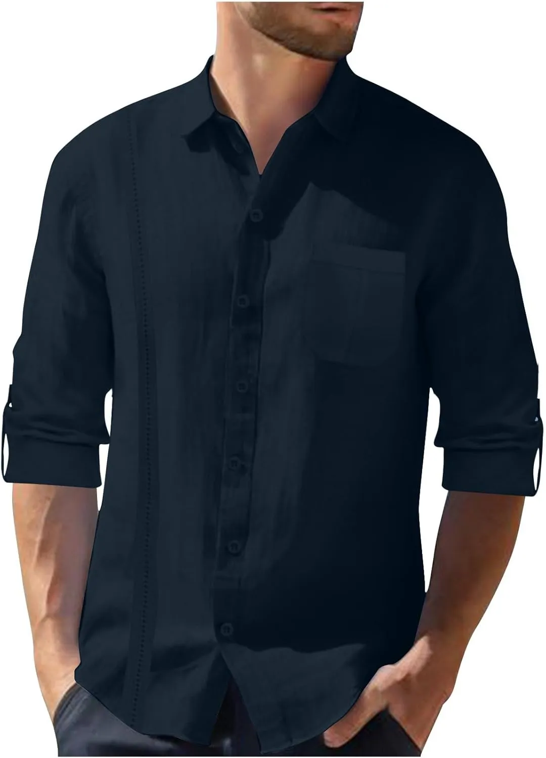 Linen Button Down Shirt Men Long Sleeve Solid Cotton Beach Tees with Pocket Loose Comfy Basic Summer Dress Shirts
