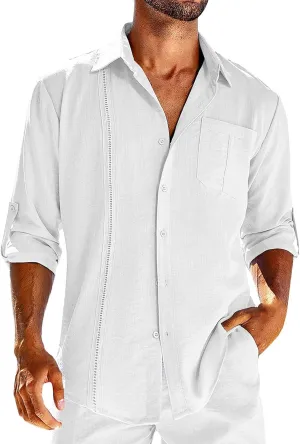 Linen Button Down Shirt Men Long Sleeve Solid Cotton Beach Tees with Pocket Loose Comfy Basic Summer Dress Shirts