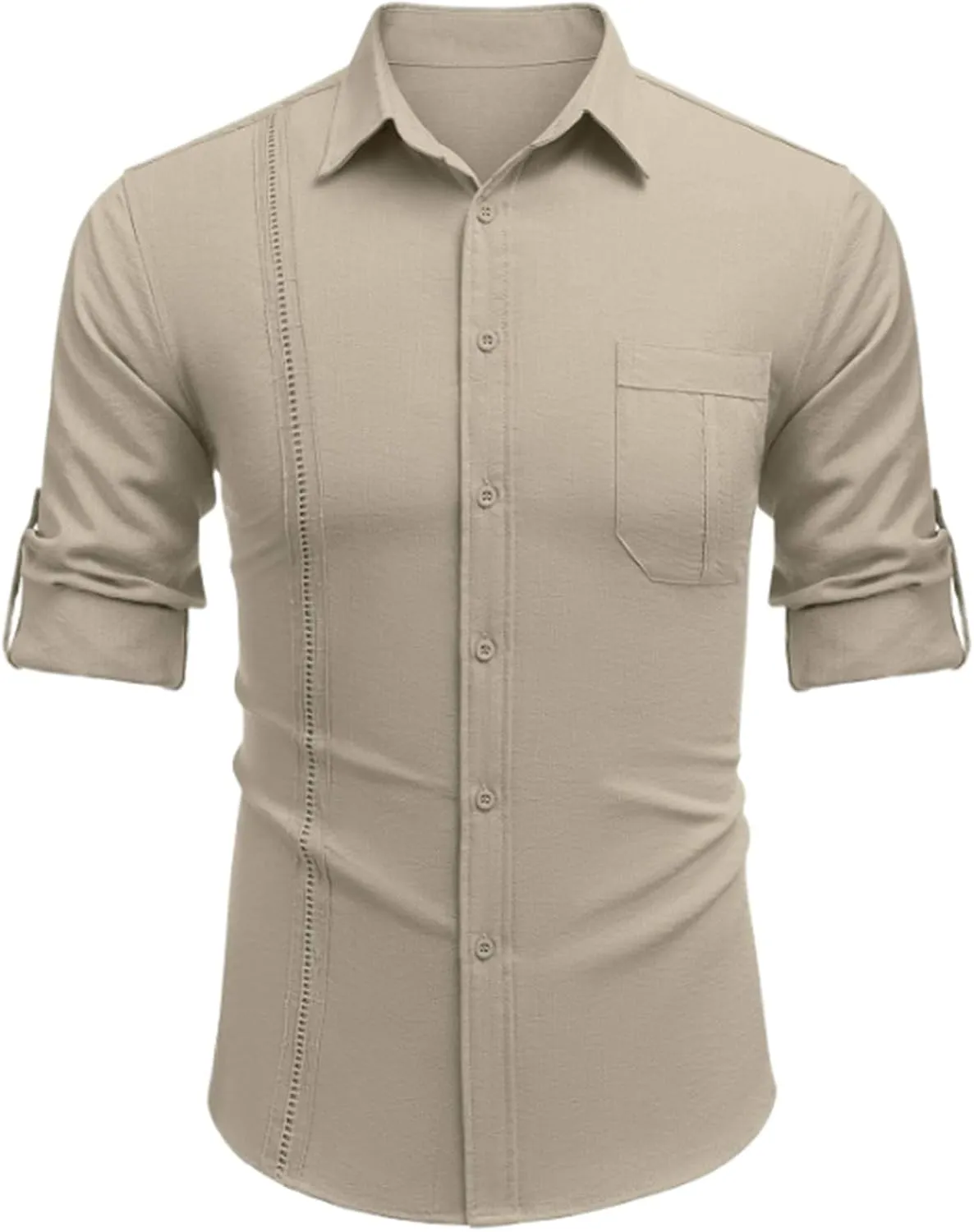 Linen Button Down Shirt Men Long Sleeve Solid Cotton Beach Tees with Pocket Loose Comfy Basic Summer Dress Shirts