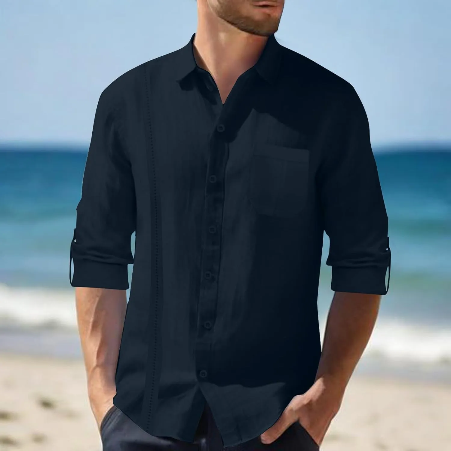 Linen Button Down Shirt Men Long Sleeve Solid Cotton Beach Tees with Pocket Loose Comfy Basic Summer Dress Shirts