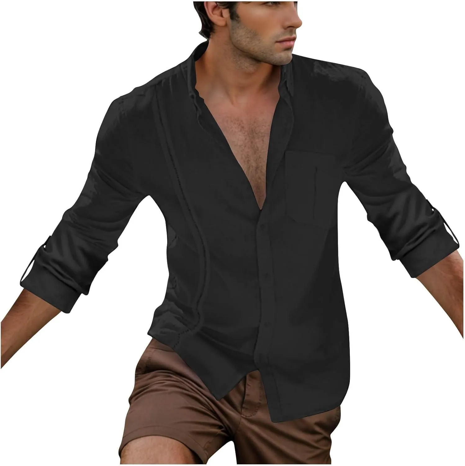 Linen Button Down Shirt Men Long Sleeve Solid Cotton Beach Tees with Pocket Loose Comfy Basic Summer Dress Shirts