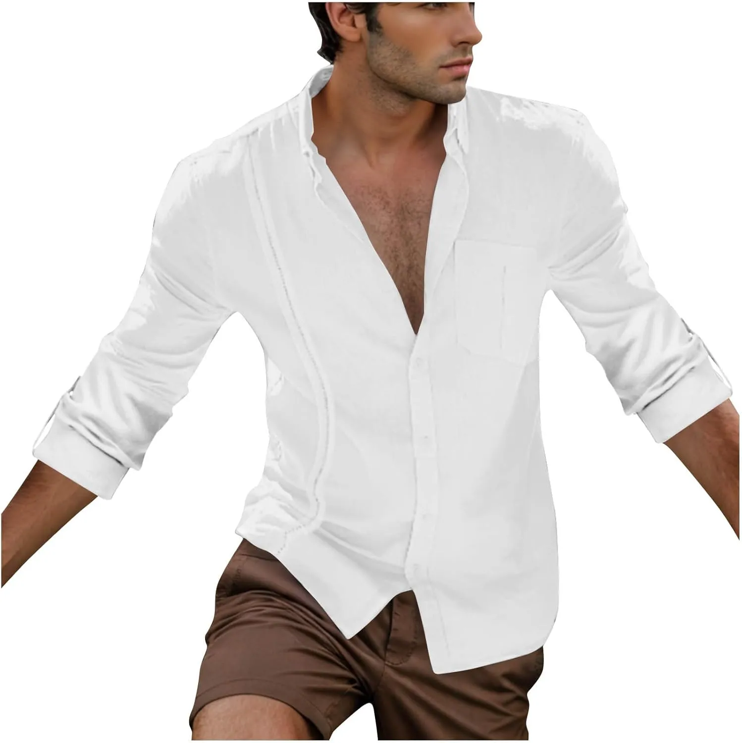 Linen Button Down Shirt Men Long Sleeve Solid Cotton Beach Tees with Pocket Loose Comfy Basic Summer Dress Shirts