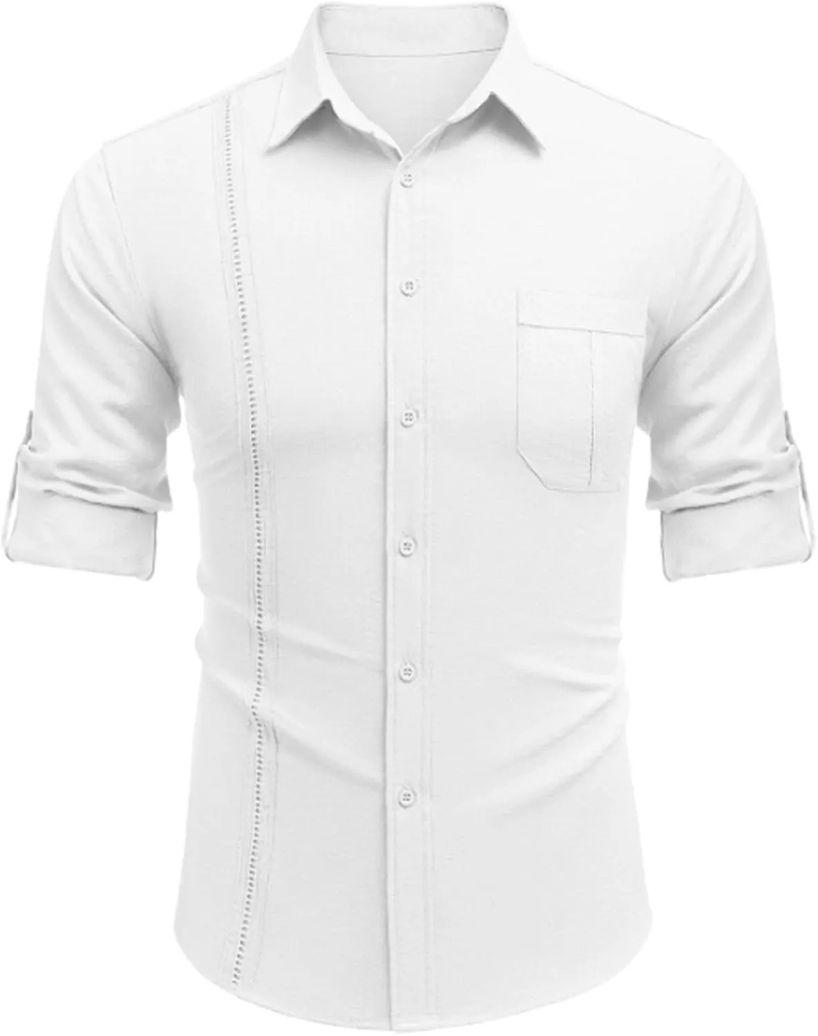 Linen Button Down Shirt Men Long Sleeve Solid Cotton Beach Tees with Pocket Loose Comfy Basic Summer Dress Shirts